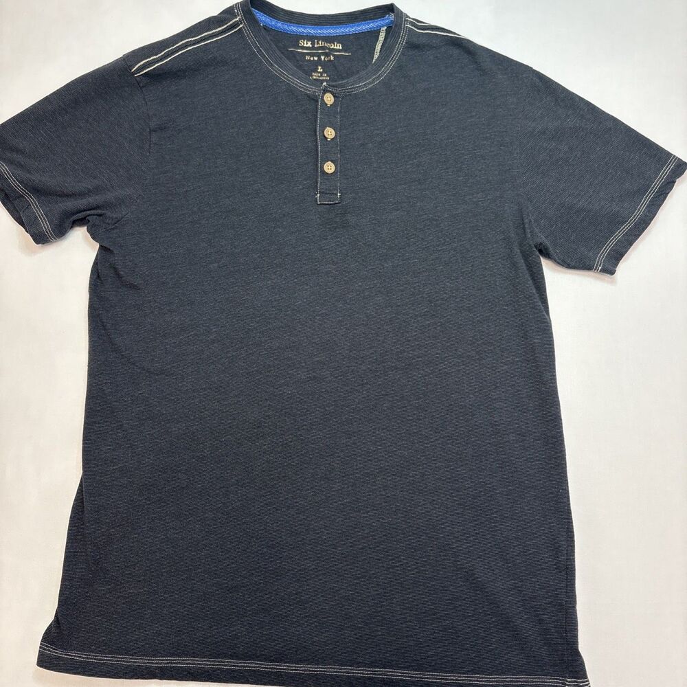 Six Lincoln New York Mens Large Henley Shirt Black Short Sleeve